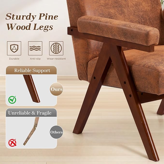 MELLCOM Mid-Century Modern Accent Leather Chair, Comfy Accent Chair with Solid Wood Frame,Upholstered Lounge Arm Chairs with Plump Cushion,Easy Assembly Reading Chair for Living Room,Bedroom,Brown