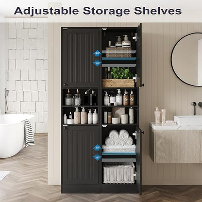 Farmhouse Bathroom Cabinet with 2 Doors, 67" Tall Slim Freestanding Cabinet, Narrow Floor Storage Unit with Open Shelf and Adjustable Shelves for Bathroom, Living Room, Kitchen, Black