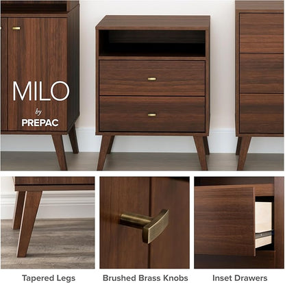 Prepac Milo Mid-Century Modern 2 Drawer Nightstand, Bedside Table, Contemporary Bedroom Furniture, 16"D x 25"W x 25"H, Cherry