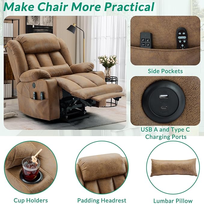 VIVIJASON Tall Man Dual Motor Power Lift Recliner Chair with Extended Footrest, Oversized Lay Flat Sleeper Electric Recliner W/Heat & Massage, Lumbar Pillow, USB & Type-C Ports, Infinite Position