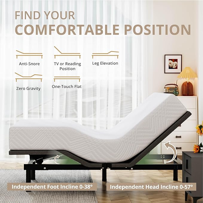 Full Adjustable Bed Base Frame with Wireless Remote + 12 Inch Full Green Tea Gel Memory Foam Mattress Bed in a Box, Head and Foot Incline, Zero Gravity, Fiberglass Free, 75" × 54"
