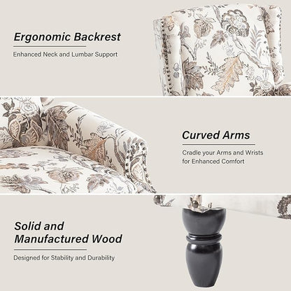 Recliner Chair, Upholstered Wingback Floral Pushback Armchair with Adjustable Backrest & Footrest, Comfy Accent Chair for Small Spaces, Living Room, Bedroom-Plants Beige, Set of 1