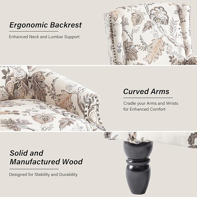 Recliner Chair, Upholstered Wingback Floral Pushback Armchair with Adjustable Backrest & Footrest, Comfy Accent Chair for Small Spaces, Living Room, Bedroom (Plants Beige, Set of 2)