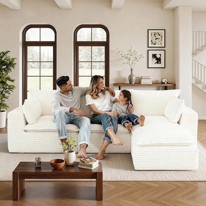 108" Sectional Couches for Living Room Boneless Couch Upholstered Cloud Couch Sectional Modular Sectional Sofa with L Shaped (Corduroy-White, 3 Seat+1 Ottoman)