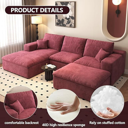 107'' U-Shaped Modern Modular Sectional Cloud Couch Whit Ottoman, 4-Seat Chenille Deep-Seat Sofa with Pillow for Living Room, Bedroom, Apartment, Wine Red
