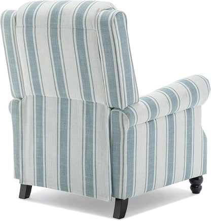 Pushback Recliner Chair, Comfy Fabric Wingback Recliner Chair, Upholstered Armchair Push Back Recliner with Wood Legs, Rivet Trim Single Sofa Accent Chair for Living Room, Bedroom, Blue Stripe
