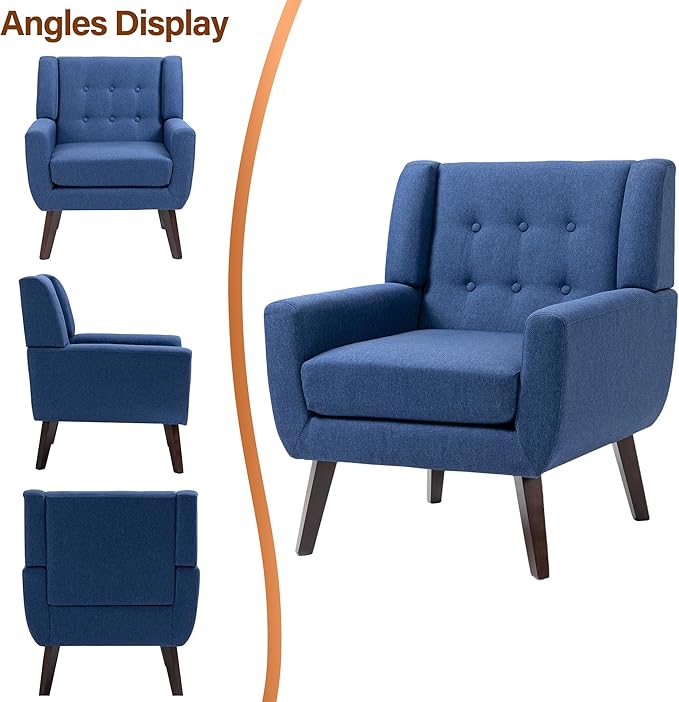 Accent Chairs Set of 2, Modern Fabric Armchairs for Living Room, Comfy Upholstered Arm Chairs Tufted for Indoor Bedroom Office Room (Blue)