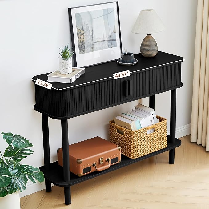 RARZOE Console Table with Storage, Fluted Entryway Table with Sliding Door&Open Shelf, Sofa Table Behind Couch, Mid-Century Modern Accent Table for Hallway, Entrance, Foyer, Fully Assembled(Black)
