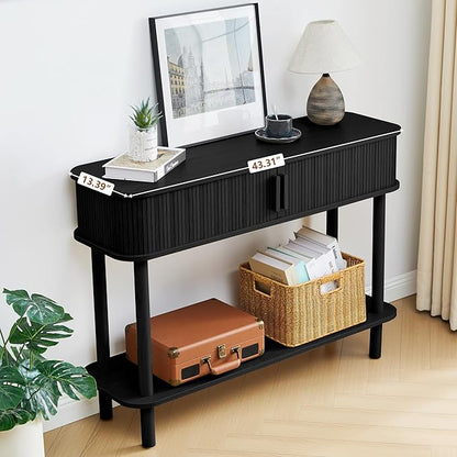 RARZOE Console Table with Storage, Fluted Entryway Table with Sliding Door&Open Shelf, Sofa Table Behind Couch, Mid-Century Modern Accent Table for Hallway, Entrance, Foyer, Fully Assembled(Black)