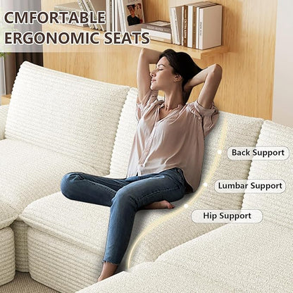113.03" Sectional Couches for Living Room Modern Modular Sofa with U-Shape Couchs Upholstered Corduroy Boneless Couch Deep Seat Cloud Couch with Ottoman, No Assembly Required, White