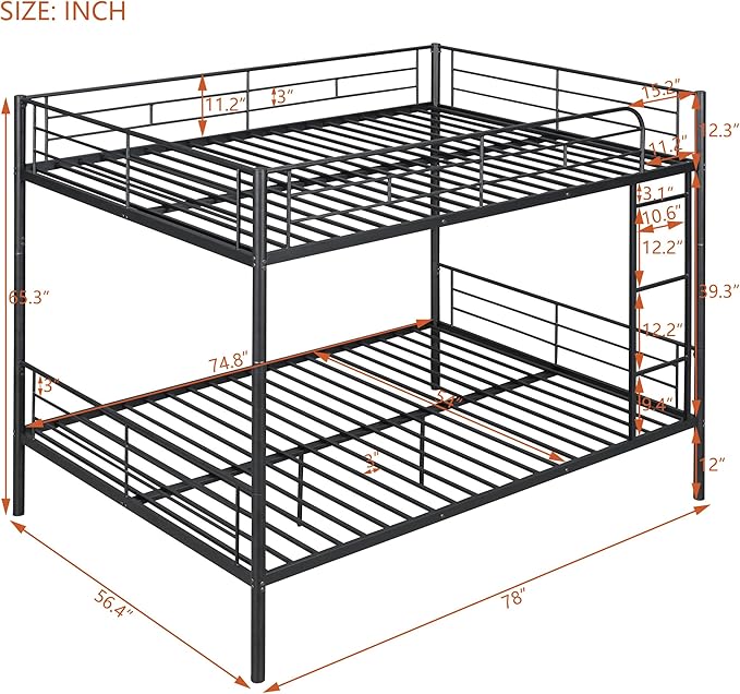 Merax Full Over Full Metal Bunk Bed with Ladder and high Guardrail, Able to Split, Storage Space, No Box Spring Needed, Noise Free, Black