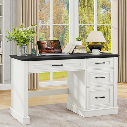 Vabches Farmhouse 47" Executive Desk, Computer Desk with Drawers and File Drawer, Workstation Computer Desk with Charging Station for Home Office, Study,Black.