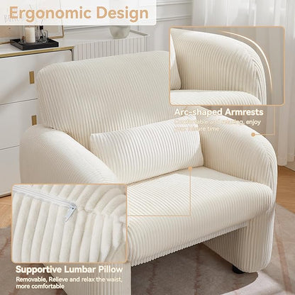 Corduroy Fabric Accent Chairs Set of 2, Modern Upholstered Living Room Chairs with Lumbar Pillow, Wide Comfy Leisure Armchair for Bedroom, Office, Reading, White