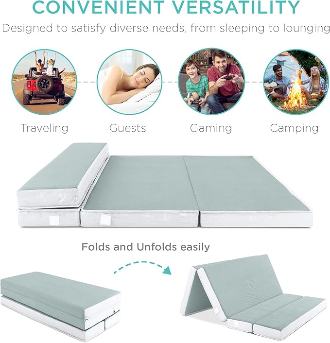 Best Choice Products 4in Portable Twin-Size Mattress, Tri-Fold Mattress for Camping, Guest, Toddler, Foam Plush w/Carry Case - Seafoam
