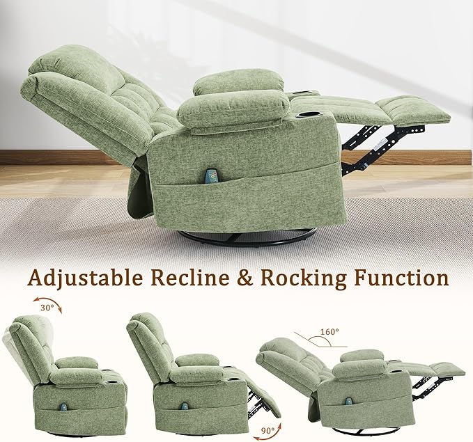 360° Swivel Rocker Recliner for Adults, Nursery Glider Recliner with Massage and Heating, Rocking Chair with Cup Holder, Manual Recliner Chair for Living Room, Bedroom (Fabric, Turquoise)