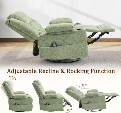 360° Swivel Rocker Recliner for Adults, Nursery Glider Recliner with Massage and Heating, Rocking Chair with Cup Holder, Manual Recliner Chair for Living Room, Bedroom (Fabric, Turquoise)