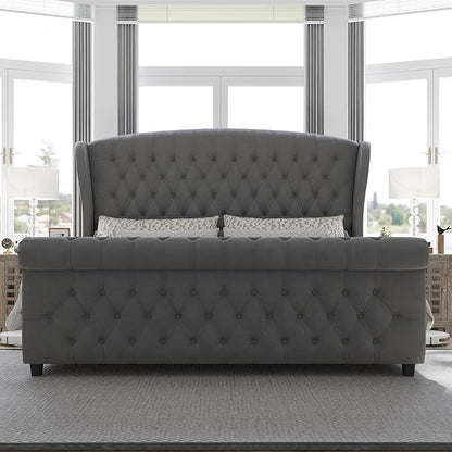 AMERLIFE California King Size Platform Bed Frame, Velvet Upholstered Sleigh Bed with Scroll Wingback Headboard & Footboard/Button Tufted/No Box Spring Required/Grey