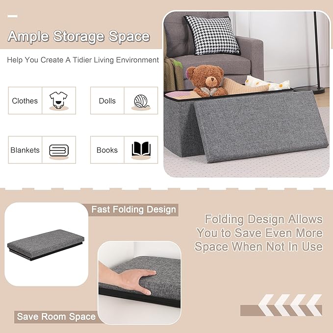 VECELO 30'' Folding Storage Ottoman Bench, End of Bed Linen Fabric Foot Rest Stool with Padded Seat, Large Footstools for Bedroom, Living Room, Load 500 lb, Grey