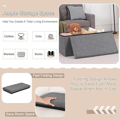 VECELO 30'' Folding Storage Ottoman Bench, End of Bed Linen Fabric Foot Rest Stool with Padded Seat, Large Footstools for Bedroom, Living Room, Load 500 lb, Grey