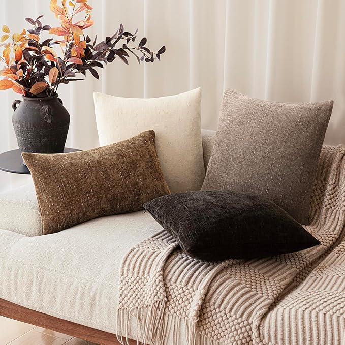 Foindtower Set of 2 Textured Chenille Throw Decorative Pillow Covers Square Accent Solid Cushion Cover Neutral Farmhouse Lumbar Pillow Case for Couch Sofa Bedroom Living Room 12x24 Inch,Dark Bronze