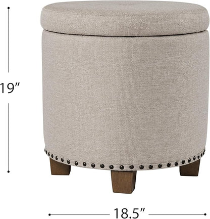 Homepop Home Decor | Upholstered Round Storage Ottoman with Nailheads| Ottoman with Storage for Living Room & Bedroom, Light Brown Fabric