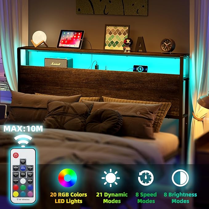 Full Sized Headboard with 2 Tiers Storage Shelves, Sturdy and Stable Headboard with Charging Station, USB Ports and LED Light for Full Bed Frame, Black Oak