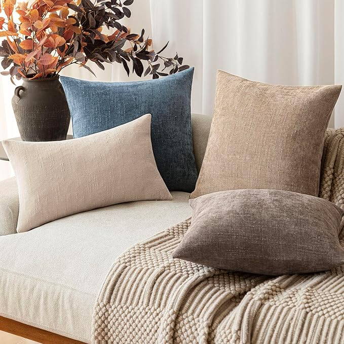 Foindtower Pack of 2 Soft Textured Chenille Throw Decorative Pillow Covers Square Accent Solid Cushion Cover Cozy Neutral Farmhouse Pillow Case for Couch Sofa Bedroom Living Room 24x24 Inch,Blue