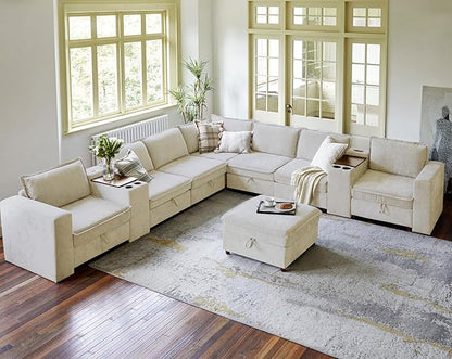 EcoHarbor Living Modular Sectional Sofa, Oversized L/U Shaped Couch with Console, USB Charger, Cup Holder, Storage, Ottoman, Convertible Couches for Living Room Bedroom Apartment, Beige