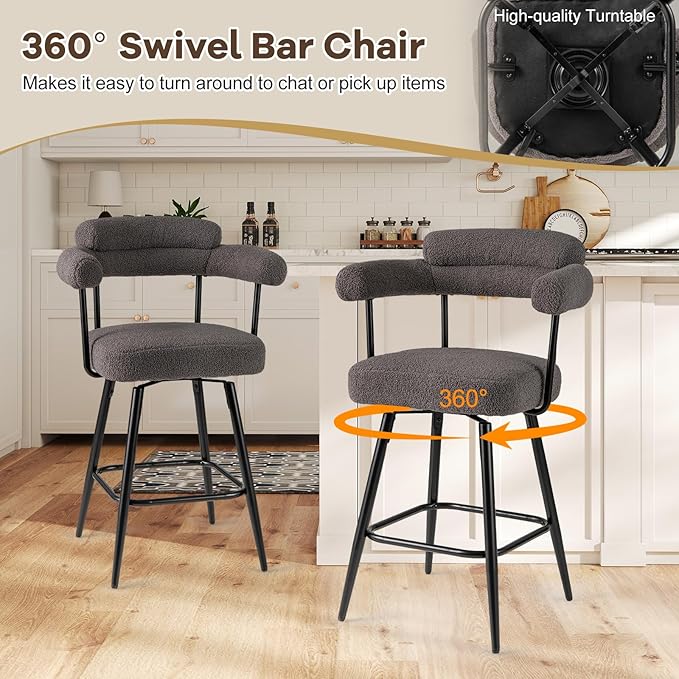 COSTWAY Counter Height Bar Stools Set of 4, 27" Swivel Modern Upholstered Counter Chairs with Boucle Fabric, Curved Backrests & Metal Legs, for Kitchen Island, Home, Pub (4, Grey + Black)