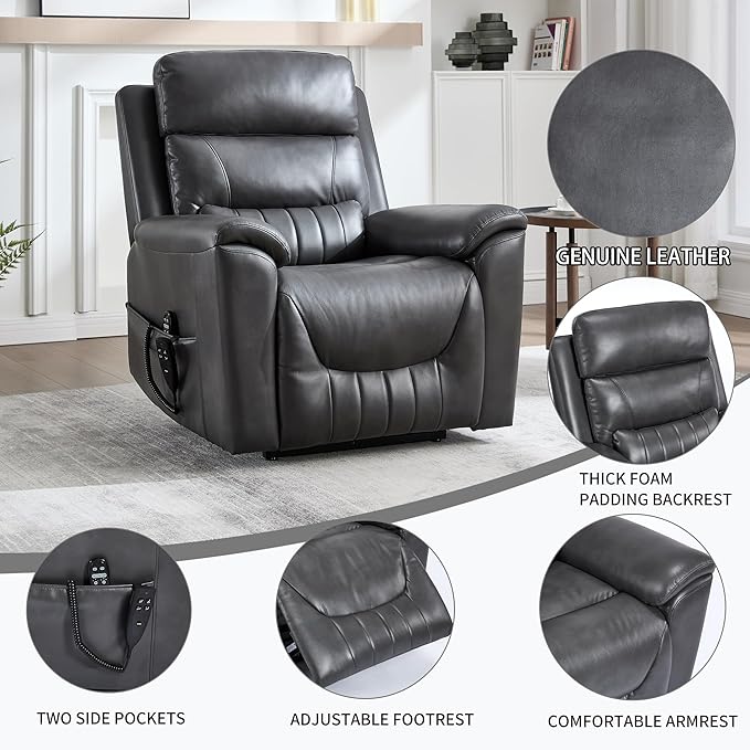 PELUMY Power Lift Recliner Chair for Elderly with Massage and Heat, Dual Motor Heavy Duty 350lbs Recliner, 8-Point Vibration & Lumbar Heating, Electric Lift Chair (Breathable Leather, Dark Grey)