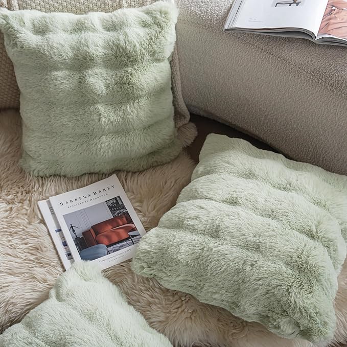 Neelvin Green Faux Fur Cozy Soft Double-Sided Decorative Throw Pillow Covers 22x22 inch Set of 2,Velvet Pillowcase Cushion Case for Sofa Couch