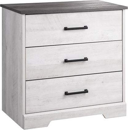 Prepac Rustic Ridge Farmhouse 3-Drawer Nightstand, Chest of Drawers for Bedroom, Wooden Bedroom Dresser with 3 Storage Drawers, 16.25in x 27.5in x 26.75in, Washed White