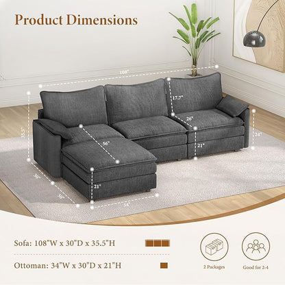 Vesgantti 108" Modular Sectional Sofa, Comfy Cloud Couch with Movable Ottoman Deep Seat Chenille L Shaped Modular Sofa, Sectional Couches for Living Room, Bedroom and Apartment, Gray