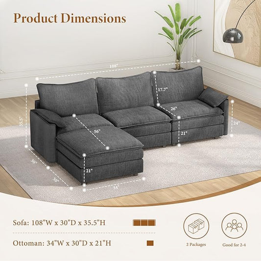Vesgantti 108" Modular Sectional Sofa, Comfy Cloud Couch with Movable Ottoman Deep Seat Chenille L Shaped Modular Sofa, Sectional Couches for Living Room, Bedroom and Apartment, Gray