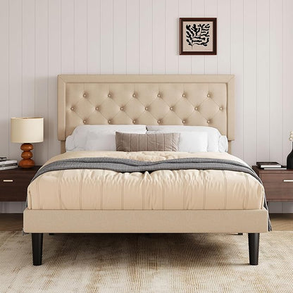 Allewie Queen Size Button Tufted/Fabric Upholstered Bed Frame with Adjustable Headboard/Wood Slat Support/Mattress Foundation/Beige