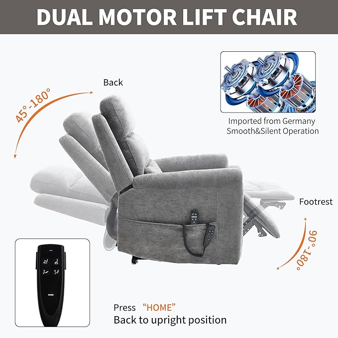 PELUMY Power Lift Recliner Chair for Elderly with Massage and Heat, Dual Motor Heavy Duty 350lbs Recliner, 8-Point Vibration & Lumbar Heating, Electric Lift Chair (Chenille, Dark Grey)
