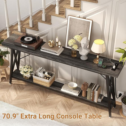 Homieasy 70.9 Inch Extra Long Console Table, Industrial Sofa Table Behind Couch with Charging Station & Storage Shelf, Entryway Table for Living Room & Entryway, Grey Oak