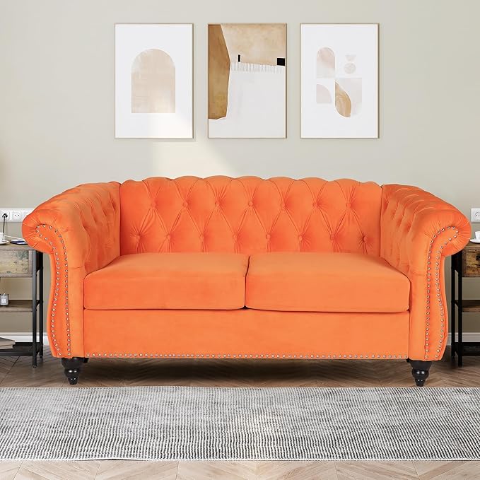 2 Piece Living Room Furniture Set, Velvet Loveseat and Chair Set, Mid Century Modern Upholstered Sofa Couch with Cushions, Comfy Tufted Chesterfield Couches for Living Room, Bedroom, Office