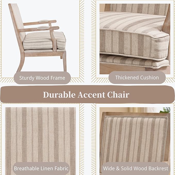 chairus Farmhouse Linen Accent Chair Set of 2, Upholstered Reading Chair with Solid Wood Frame Lounge Arm Chair with High Back for Living Room, Reception Room, Waiting Room, Khaki Stripe