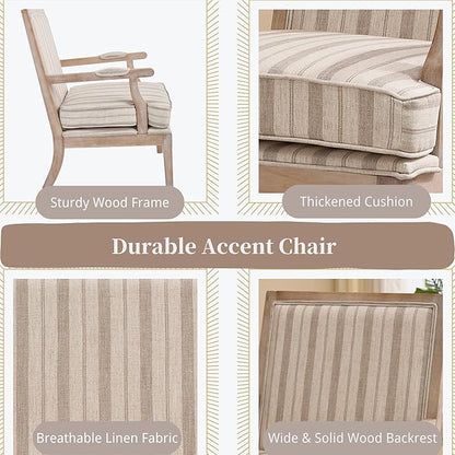 chairus Farmhouse Linen Accent Chair Set of 2, Upholstered Reading Chair with Solid Wood Frame Lounge Arm Chair with High Back for Living Room, Reception Room, Waiting Room, Khaki Stripe