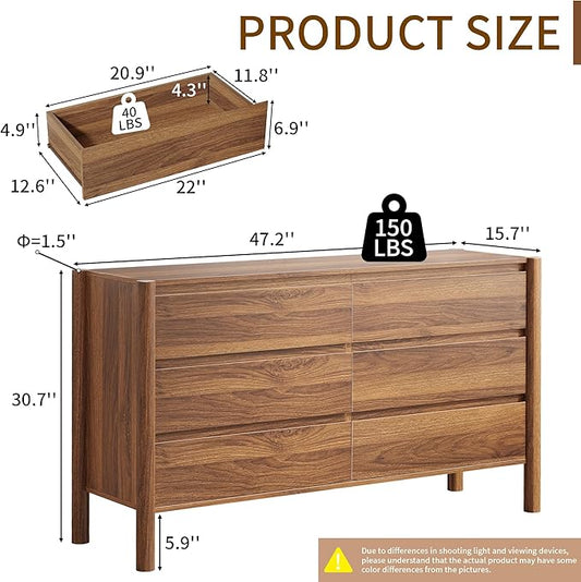 CHUWELL Dresser for Bedroom, 47" Wide Mid Century Modern Chest of Drawers with 6 Large Storage Space and 4 Solid Wood Cylindrical Legs, 6 Drawer Large Dresser for Bedroom(Walnut)