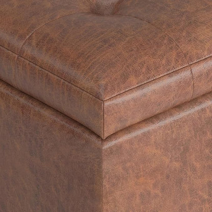 SIMPLIHOME Cosmopolitan Storage Ottoman - 34 inch Wide Upholstered Vegan Leather Rectangle Storage Ottoman Bench in Distressed Saddle Brown, Transitional Tufted Ottoman for Entryway with Lift-Up Lid