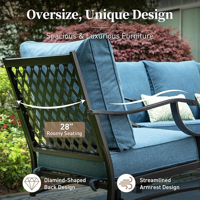 5 Piece Metal Outdoor Patio Furniture Set, Patio Conversation Sets 1 3-seater Sofa, 2 Fixed Chair, 2 Ottomans with 5.75" Thick Cushion, Black All-weather Frame Backyard Furniture, Navy