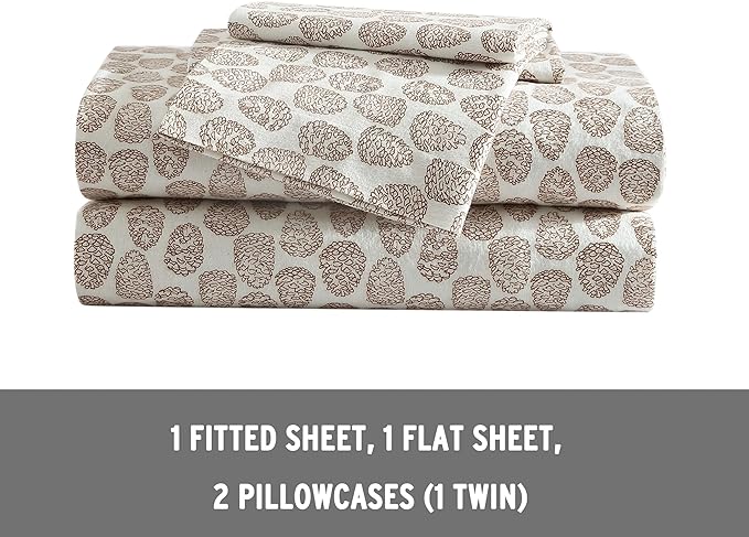Eddie Bauer - Queen Sheets, Cotton Flannel Bedding Set, Brushed For Extra Softness, Cozy Home Decor (Little Creek Pine Cone Beige, Queen)