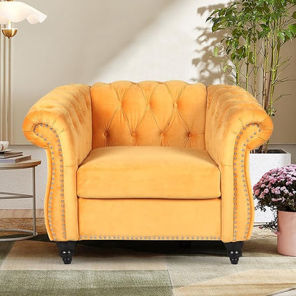 2 Piece Living Room Furniture Set, Velvet Loveseat and Chair Set, Mid Century Modern Upholstered Sofa Couch with Cushions, Comfy Tufted Chesterfield Couches for Living Room, Bedroom, Office