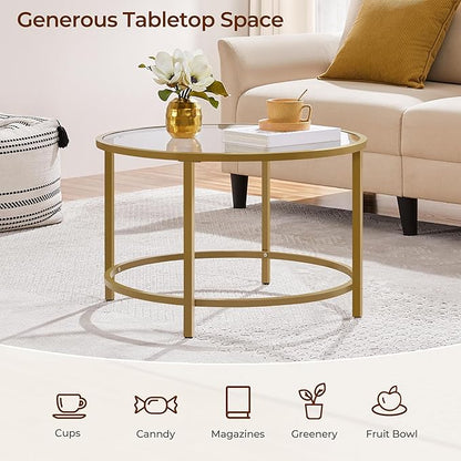 Yaheetech Gold Glass Coffee Table for Living Room, 27.6" Round Glass Coffee Table with Metal Frame, Circle Coffee Table for Home, Office, Apartment