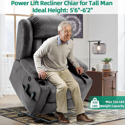 VIVIJASON Tall Man Dual Motor Power Lift Recliner Chair with Extended Footrest, Oversized Lay Flat Sleeper Electric Recliner W/Heat & Massage, Lumbar Pillow, USB & Type-C Ports, Infinite Position