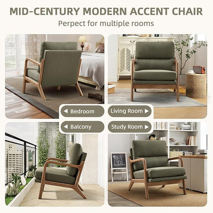 Mid Century Modern Accent Chair Set of 2, Linen Fabric Upholstered Lounge Arm Chair with Solid Wood Frame and Soft Cushion for Living Room, Bedroom, Balcony (1, Green)