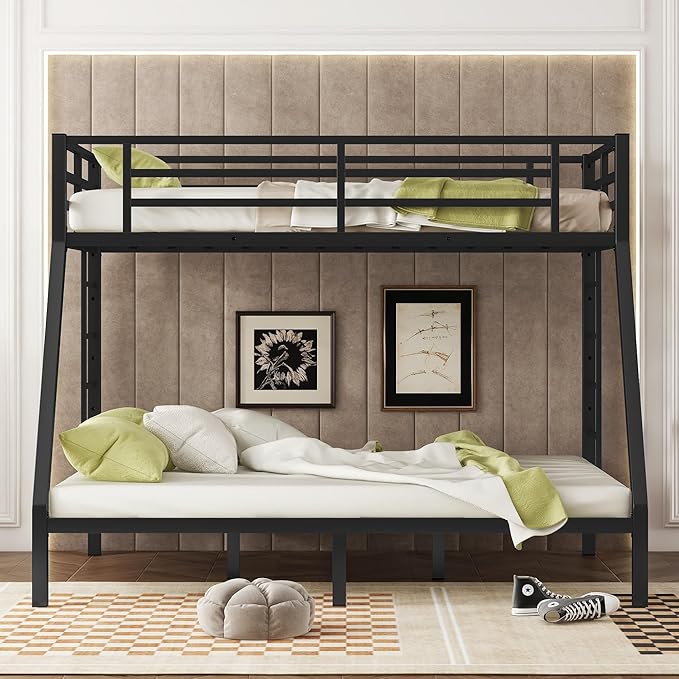 Bellemave Twin XL Over Queen Bunk Bed for Adults, Twin XL Over Queen Bunk Beds Frame with 2 Ladder and Full Length Guardrail, Easy Assemble, Mattress Not Included, Black