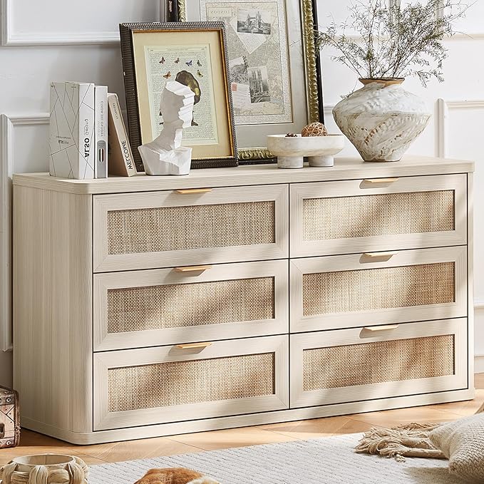LEYAOYAO Rattan 6 Drawer Dresser for Bedroom, Boho 54" Wide White Dresser Chest of Drawers, Dressers TV Stand with Metal Handle, Storage Dressers Closet Organizer for Living Room, Hallway